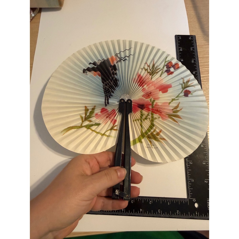 Vintage Chinese Folding Accordion Hand Fan Floral Bird Print Black Handle 9.5in